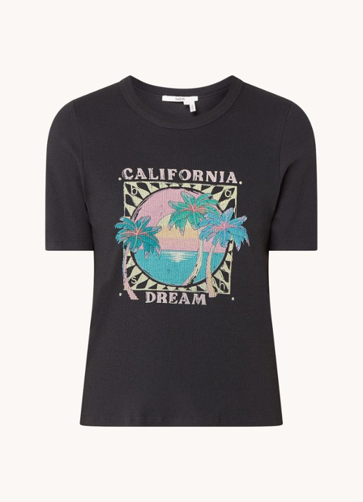 ba&sh Cerena T-shirt met ribstructuur en print - voorkant 3 antraciet