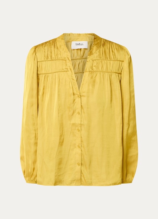 ba&sh Cessia blouse van satijn met ruches - voorkant okergeel