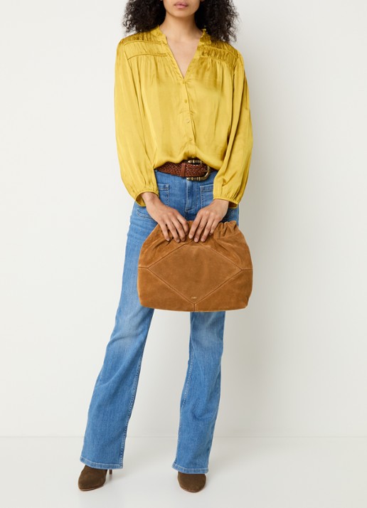 ba&sh Cessia blouse van satijn met ruches - voorkant 2 okergeel