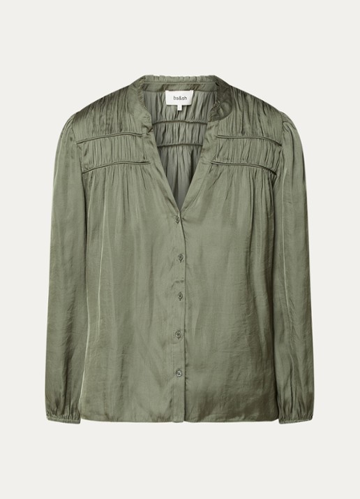 ba&sh Cessia blouse van satijn met ruches - voorkant legergroen