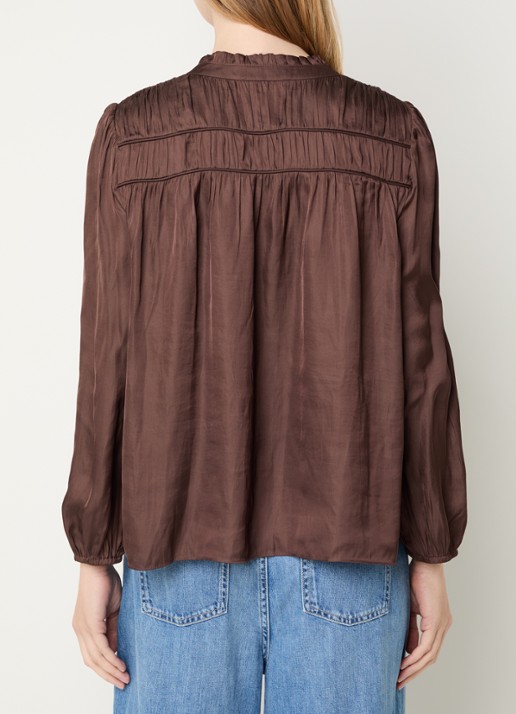 ba&sh Cessia blouse van satijn met ruches - achterkant 2 donkerbruin