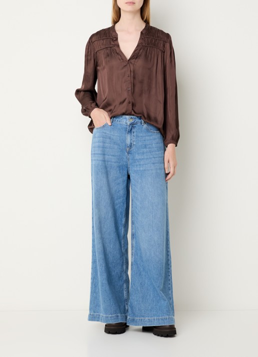 ba&sh Cessia blouse van satijn met ruches - voorkant 4 donkerbruin