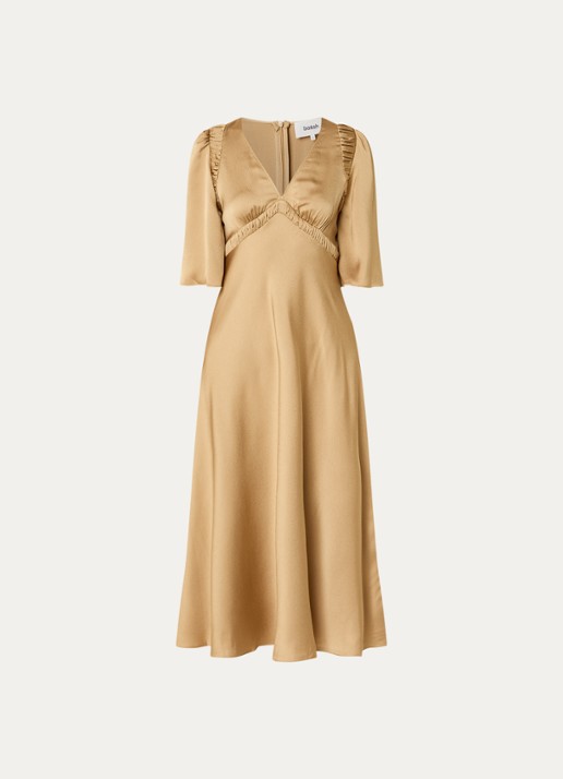 ba&sh Charlotte midi jurk met V-hals - voorkant 2 camel