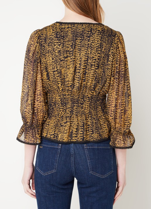 ba&sh Chili semi-transparante top met print en smockwerk - achterkant okergeel