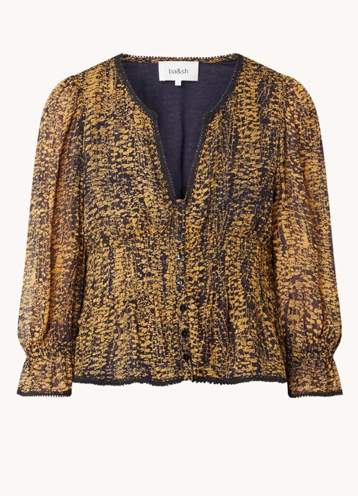 ba&sh Chili semi-transparante top met print en smockwerk - voorkant 2 okergeel