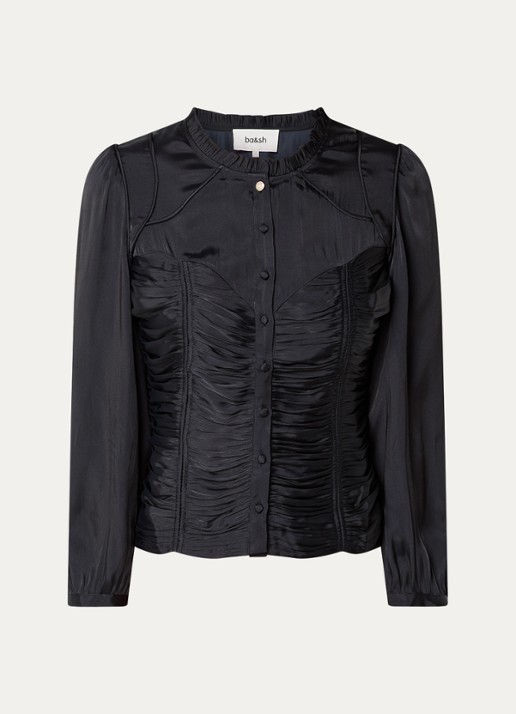 ba&sh Cimila blouse van satijn met smockwerk - voorkant 2 zwart