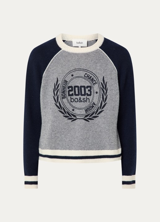 ba&sh Colette fijngebreide trui van kasjmier met logoprint - voorkant 3 donkerblauw