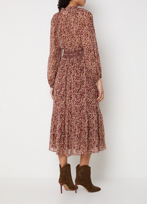 ba&sh Coraly midi tuniekjurk met pofmouw en print - achterkant 2 bordeauxrood