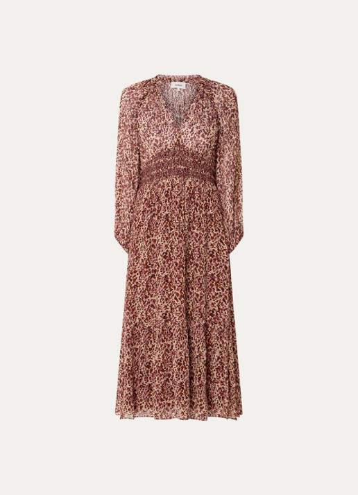 ba&sh Coraly midi tuniekjurk met pofmouw en print - voorkant 3 bordeauxrood