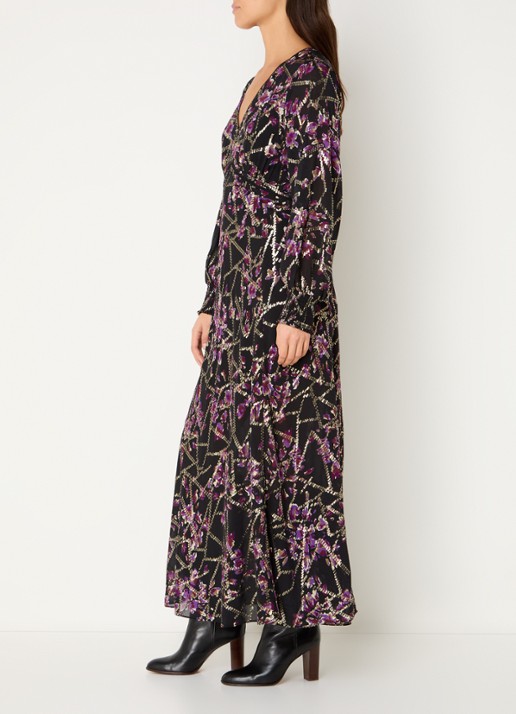 ba&sh Desir maxi tuniekjurk in zijdeblend met print en lurex - voorkant 4 zwart