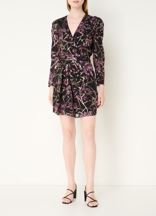 ba&sh Dola mini tuniekjurk in zijdeblend met print en lurex - voorkant 3 zwart