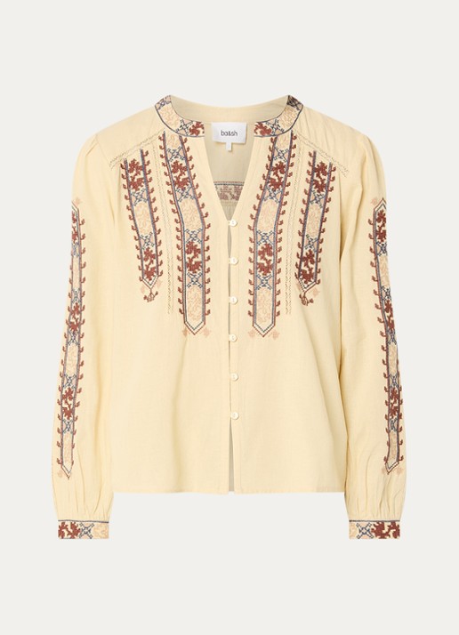 ba&sh Faustina blouse in linnenblend met borduring - voorkant 2 lichtgeel