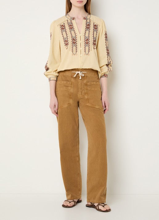 ba&sh Faustina blouse in linnenblend met borduring - voorkant 3 lichtgeel