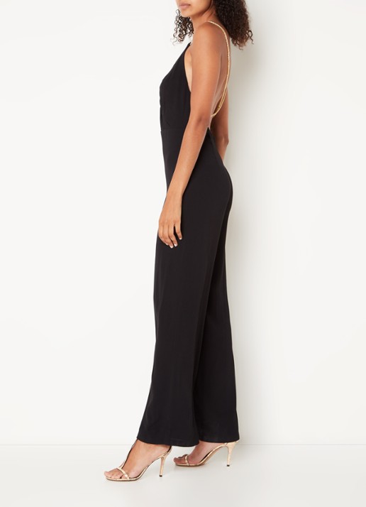 ba&sh Fifi wide fit jumpsuit met rugdecolleté en kettingdetail - voorkant 3 zwart