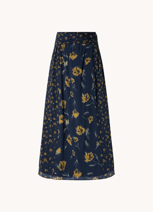 ba&sh Findy midi rok met bloemenprint - voorkant petrol