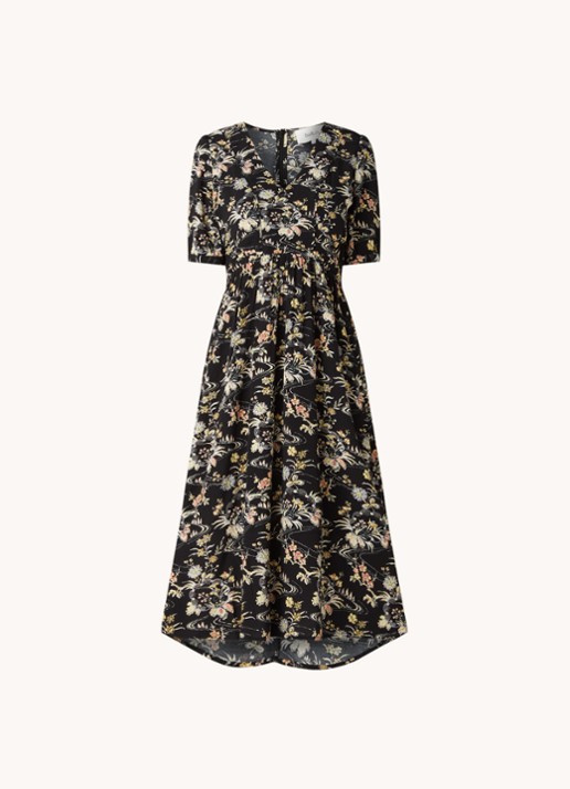 Ba&sh Floe midi jurk met bloemenprint en V-hals  - voorkant 3 zwart