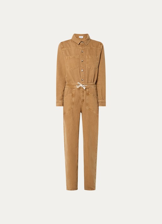 ba&sh Fyorella straight fit jumpsuit in linnenblend met opgestikte zakken - voorkant camel
