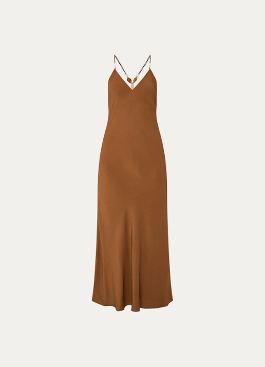 ba&sh Hany maxi jurk met een rugdecolleté en kralendecoratie  - voorkant hazelnootbruin