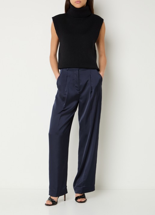 ba&sh High waist wide fit pantalon van satijn met steekzakken - voorkant 2 donkerblauw