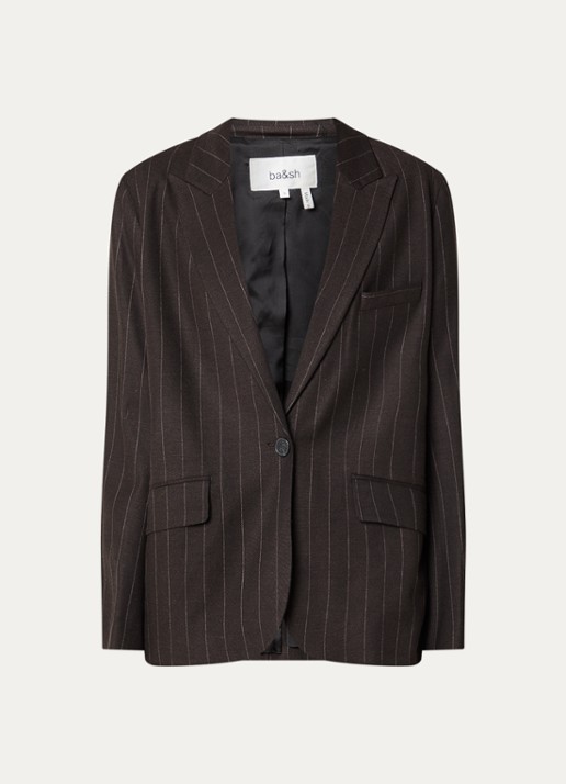 ba&sh Hocee blazer in wolblend met streepprint en klepzakken - voorkant 3 donkerbruin