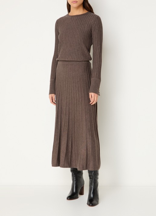 ba&sh Jada ribgebreide midi rok in wolblend - voorkant 4 chocoladebruin
