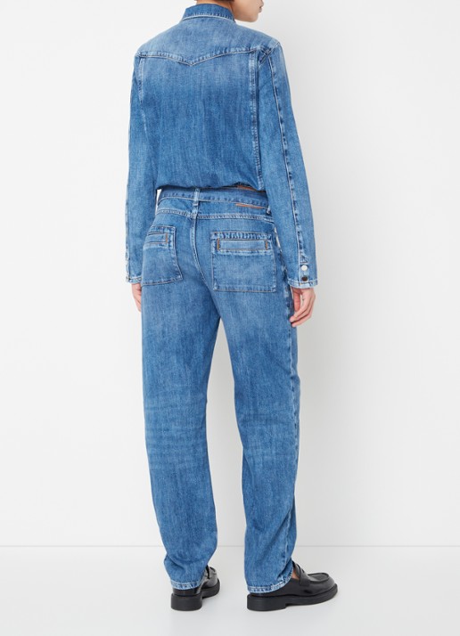 ba&sh Jerry tapered fit jumpsuit van denim met strikceintuur - achterkant indigo