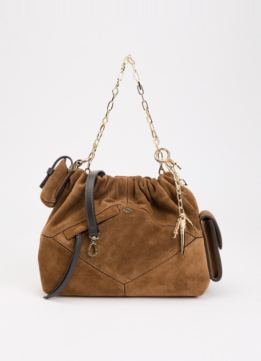 ba&sh June Mini schoudertas van suède met afneembare schouderriem - voorkant 5 cognac