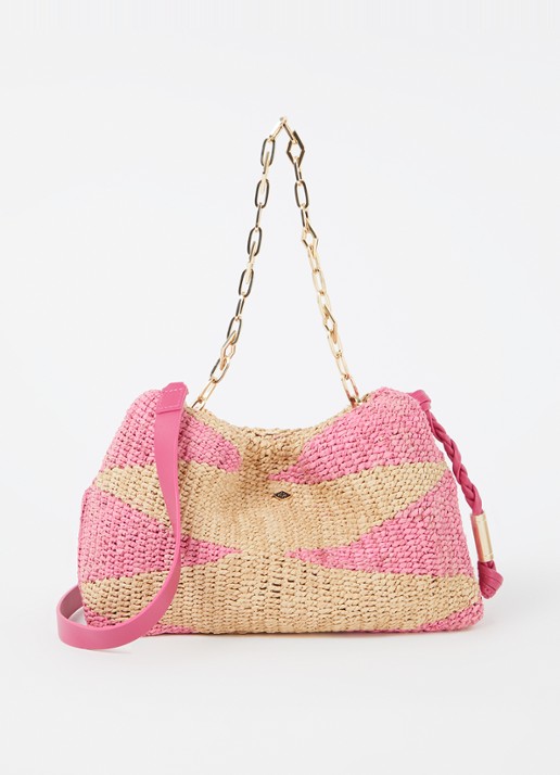 ba&sh June schoudertas van raffia met leren details - voorkant roze