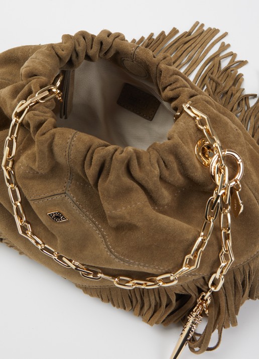 ba&sh June schoudertas van suède met franjes en afneembare schouderriem - detail 3 khaki