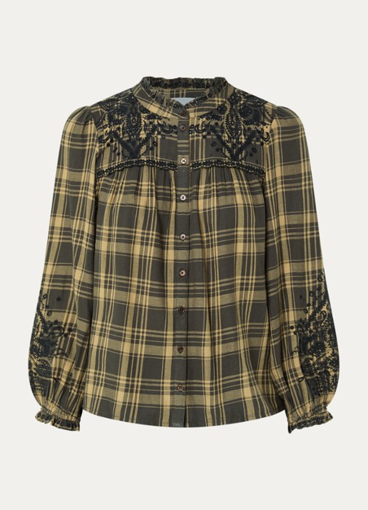 ba&sh Kaela blouse met ruitdessin - voorkant 2 bronsgroen