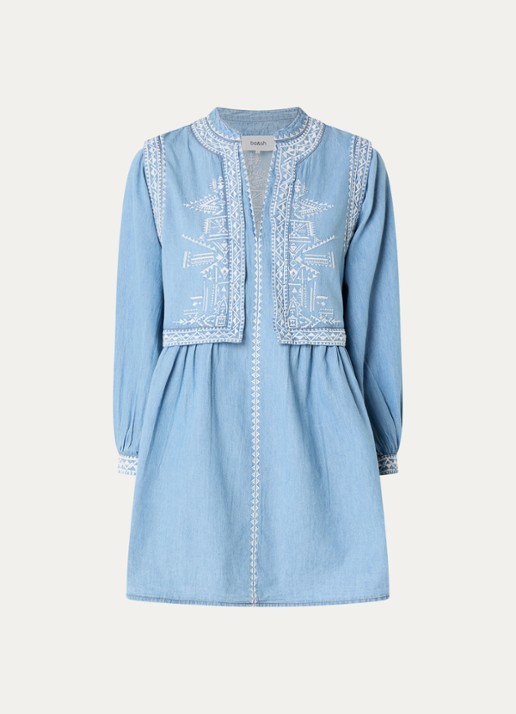 ba&sh Laena mini jurk van chambray met borduring - voorkant 2 blauwgrijs