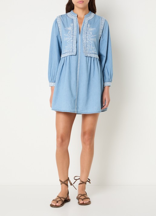 ba&sh Laena mini jurk van chambray met borduring - voorkant 3 blauwgrijs