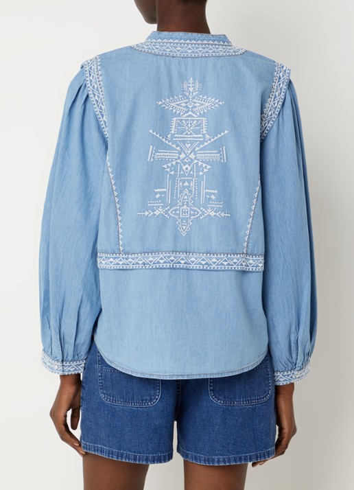ba&sh Laura tuniek van chambray met borduring - achterkant lichtblauw