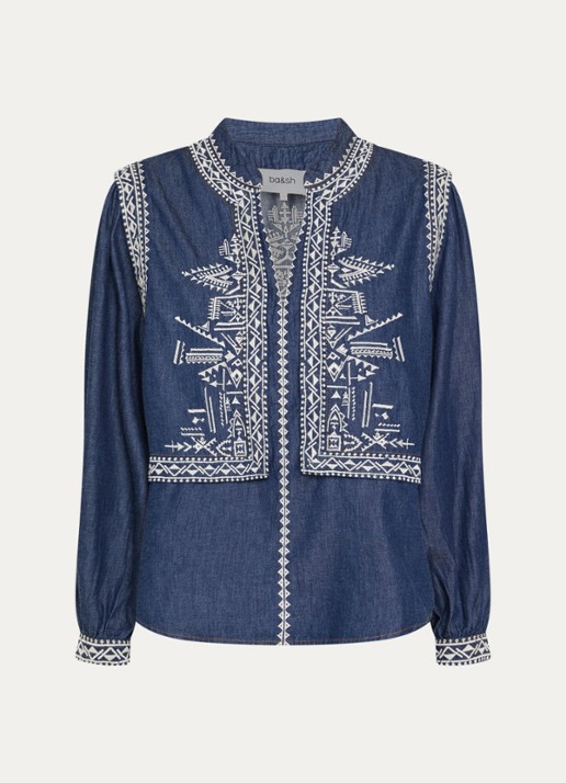 ba&sh Laura tuniek van denim met borduring - voorkant 2 indigo
