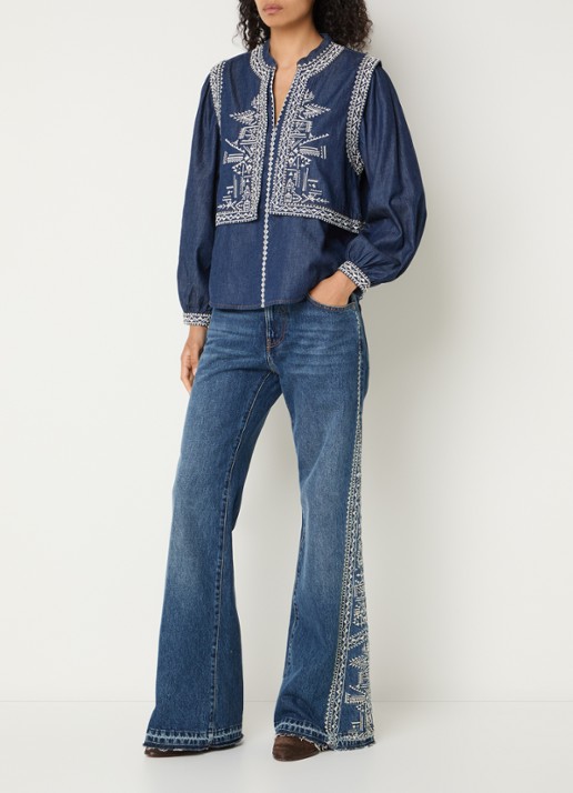 ba&sh Laura tuniek van denim met borduring - voorkant 3 indigo