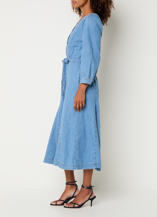ba&sh Lia midi jurk van chambray met strikceintuur - voorkant 4 blauw