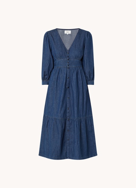 ba&sh Limi midi blousejurk van chambray - voorkant 3 indigo