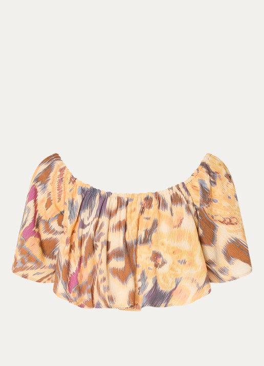 ba&sh Manthea cropped off shoulder top met print - voorkant 2 okergeel