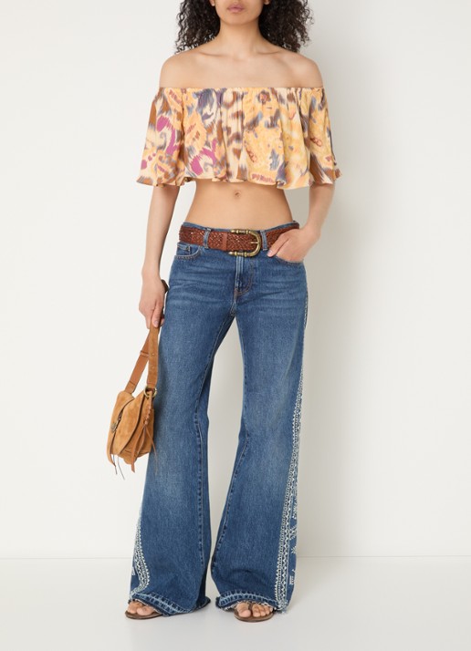 ba&sh Manthea cropped off shoulder top met print - voorkant 3 okergeel
