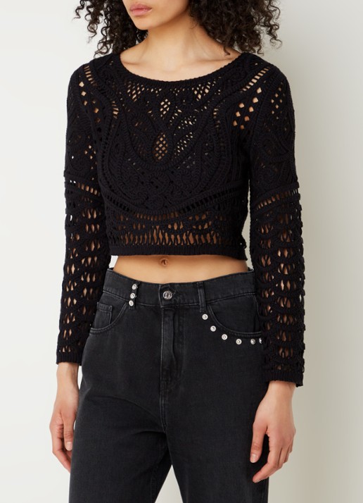 ba&sh Marc grofgebreide crop top met broderie - achterkant 4 zwart