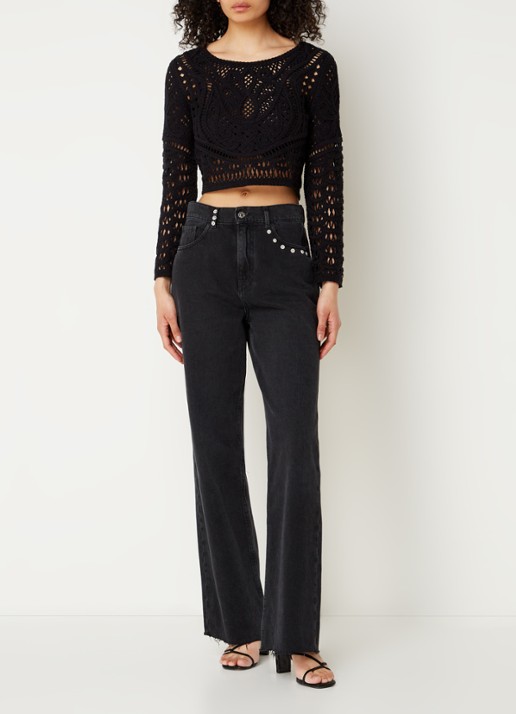 ba&sh Marc grofgebreide crop top met broderie - voorkant 3 zwart