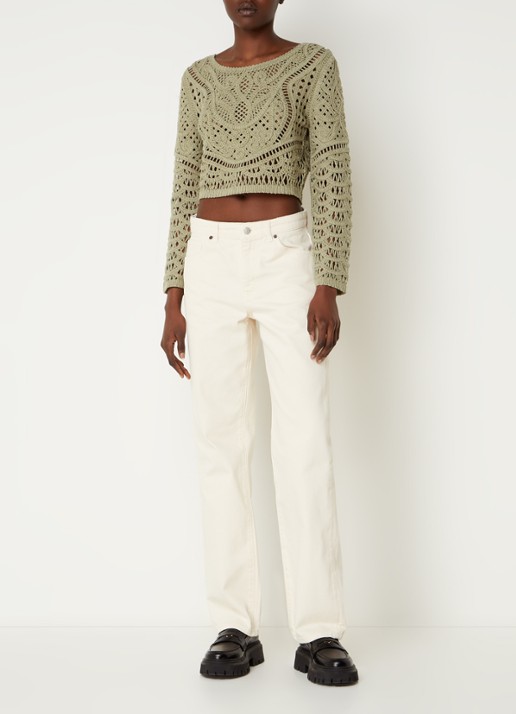 ba&sh Marc grofgebreide crop top met broderie - voorkant 3 khaki