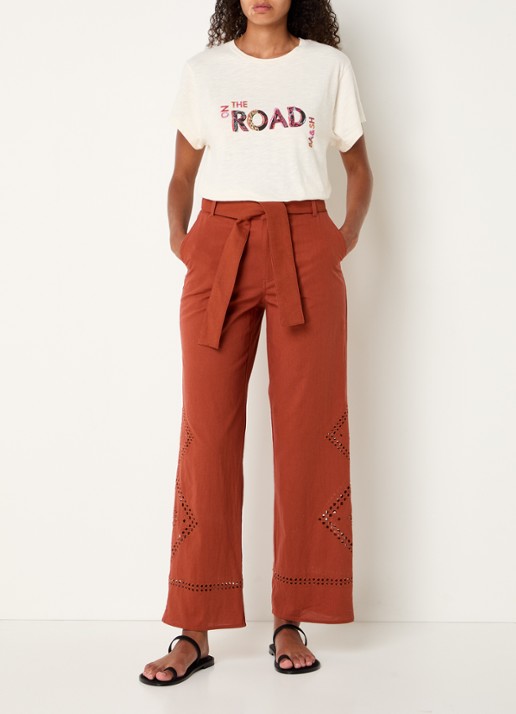 ba&sh Marlon high waist loose fit pantalon met opengewerkt detail - voorkant 4 oranjebruin