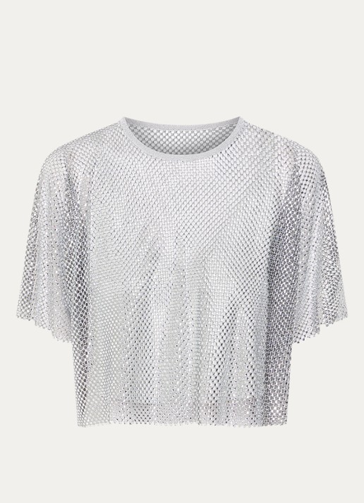 ba&sh Mate crop top met opengewerkt dessin en strass - voorkant zilver