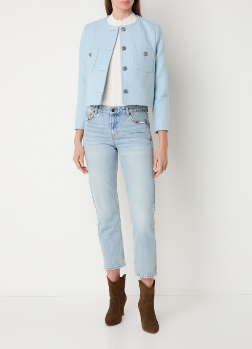 ba&sh Meredith cropped jack van tweed met opgestikte zakken - voorkant 3 lichtblauw
