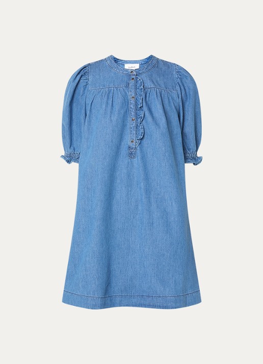 ba&sh Mini jurk van chambray met pofmouw - voorkant indigo