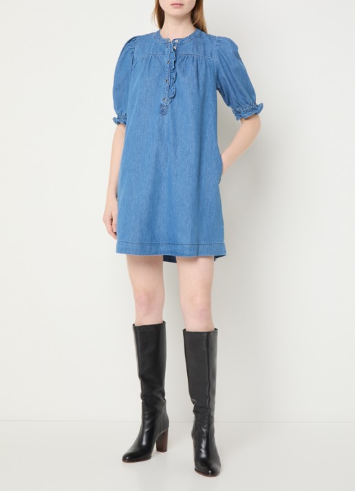 ba&sh Mini jurk van chambray met pofmouw - voorkant 2 indigo