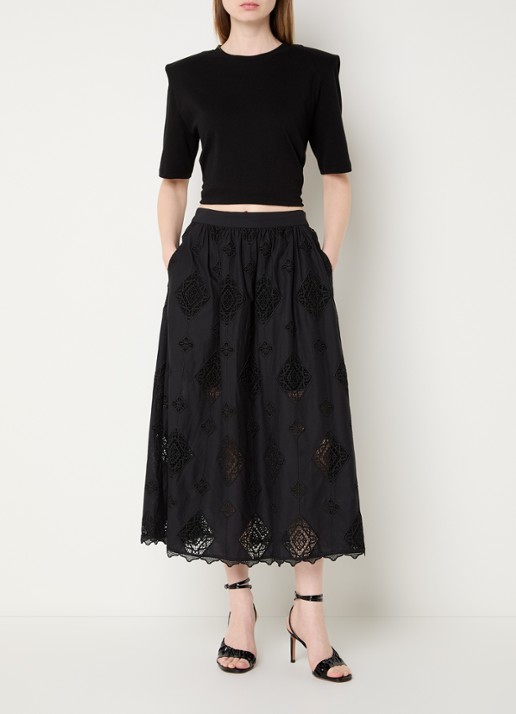 ba&sh Mona midi rok met broderie - voorkant 3 zwart