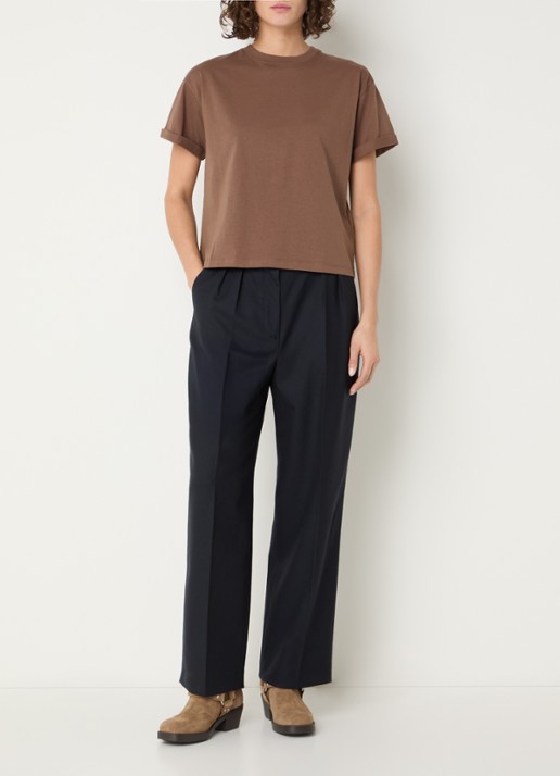 ba&sh Nani high waist straight fit pantalon van wol met persplooi - voorkant 4 donkerblauw
