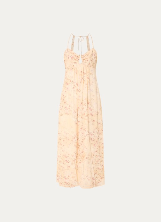 ba&sh Natz maxi jurk met bloemenprint en rugdecolleté - voorkant 3 abrikoos
